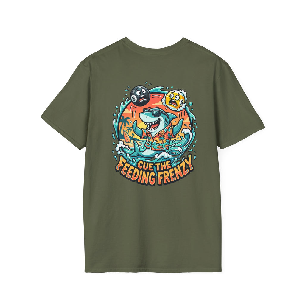 Cue the Feeding Frenzy Shark Billiards T-Shirt | Tropical Pool Player Graphic Tee | Front & Back Print