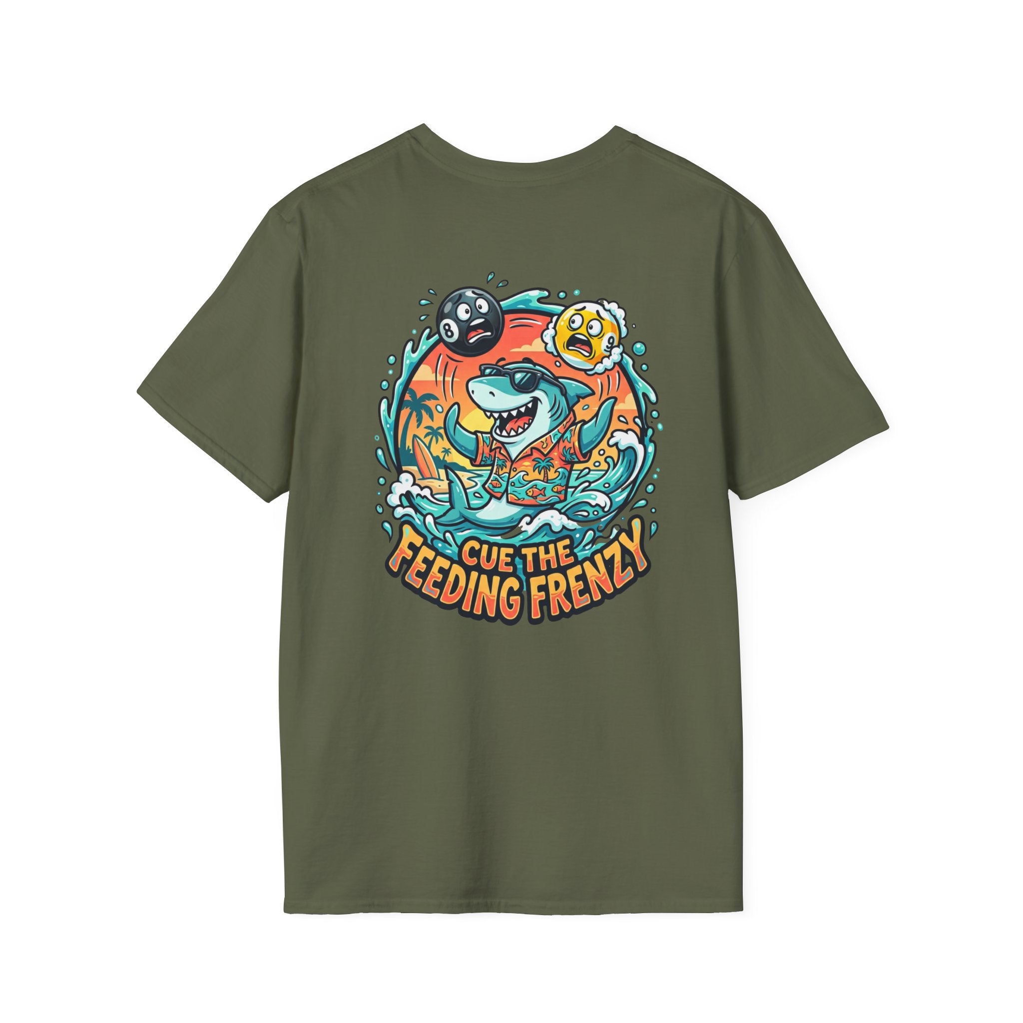 Cue the Feeding Frenzy Shark Billiards T-Shirt | Tropical Pool Player Graphic Tee | Front & Back Print