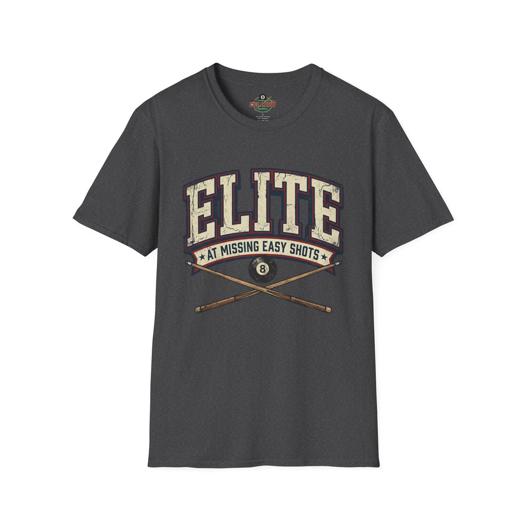 Elite at Missing Easy Shots V2 Funny Billiards T-Shirt | Vintage 8 Ball Pool Player Graphic Unisex Tee