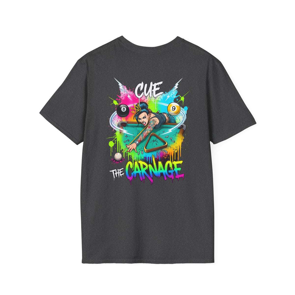 Cue the Carnage Funny Billiards T-Shirt – Tattooed Pool Shark Graphic Tee | Front & Back Print