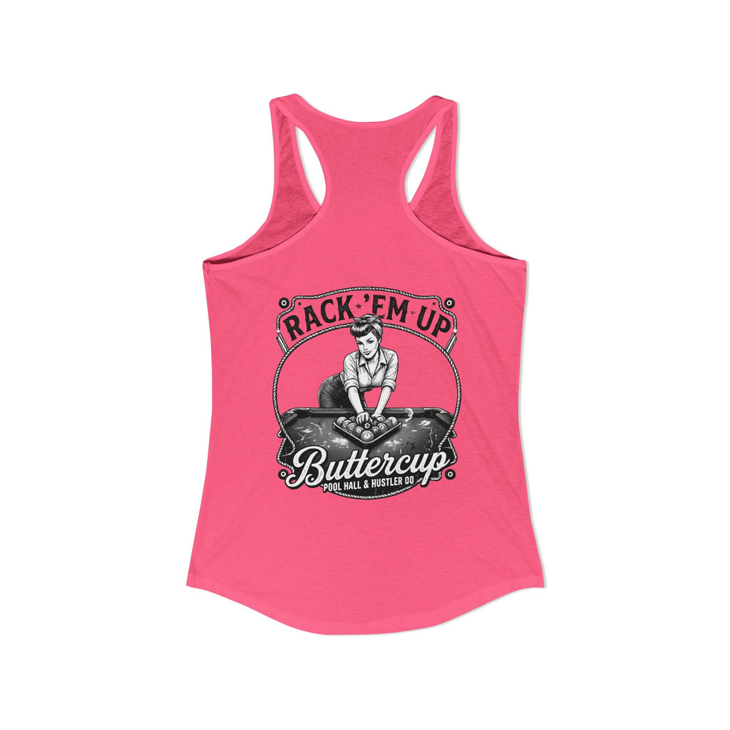 Rack 'Em Up Buttercup Women's Racerback Tank Top | Vintage Pool Hall Billiards Graphic Tank | Cue Crew Supply