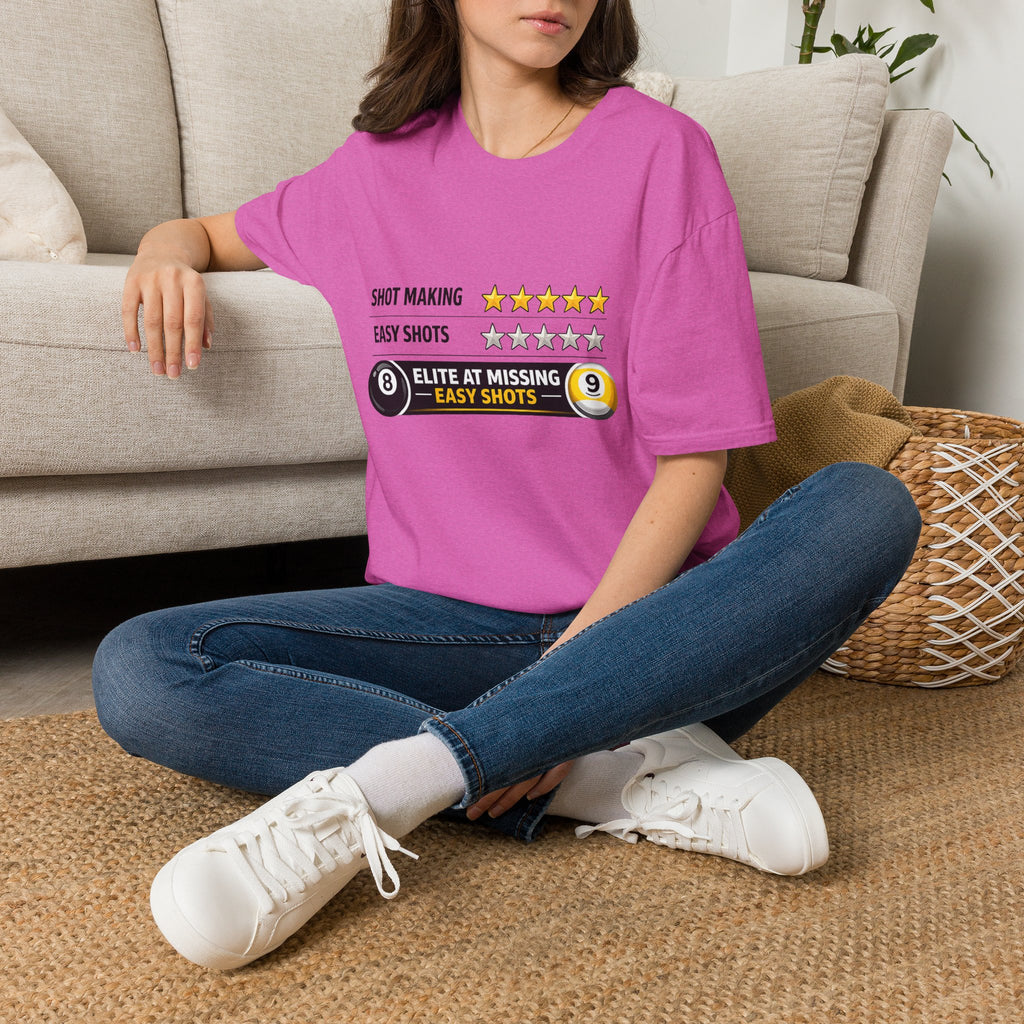 Elite At Missing Easy Shots Funny Billiards T-Shirt | 8 Ball & 9 Ball Graphic Unisex Tee | Front Print Only