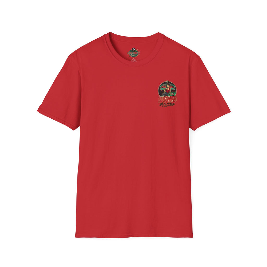 You Staring at My Rack? Let's Play! Funny Billiards T-Shirt | Retro Pool Hall Pin-Up Graphic Tee | Front & Back Print