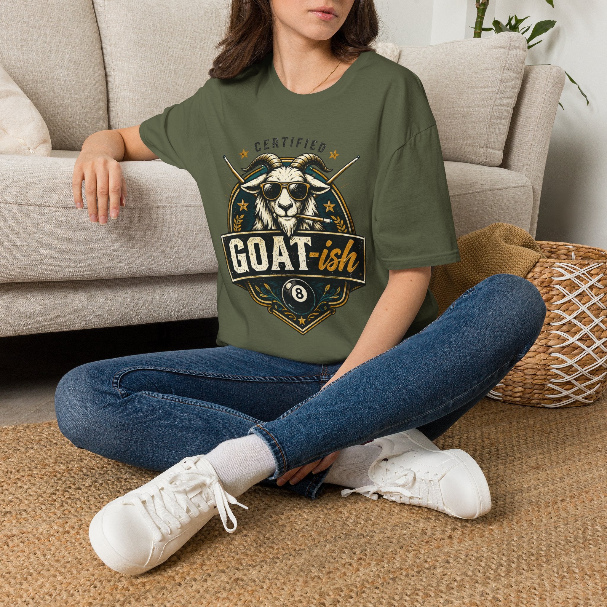 Certified GOAT-ish Funny Billiards T-Shirt | Pool Player Graphic Unisex Tee | 8 Ball Goat Design - Front Only