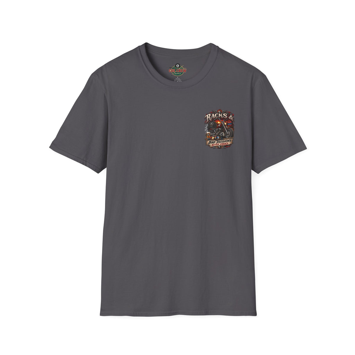 Racks & Bad Decisions Better Stories – Biker Billiards T-Shirt – Front & Back Pool Tee