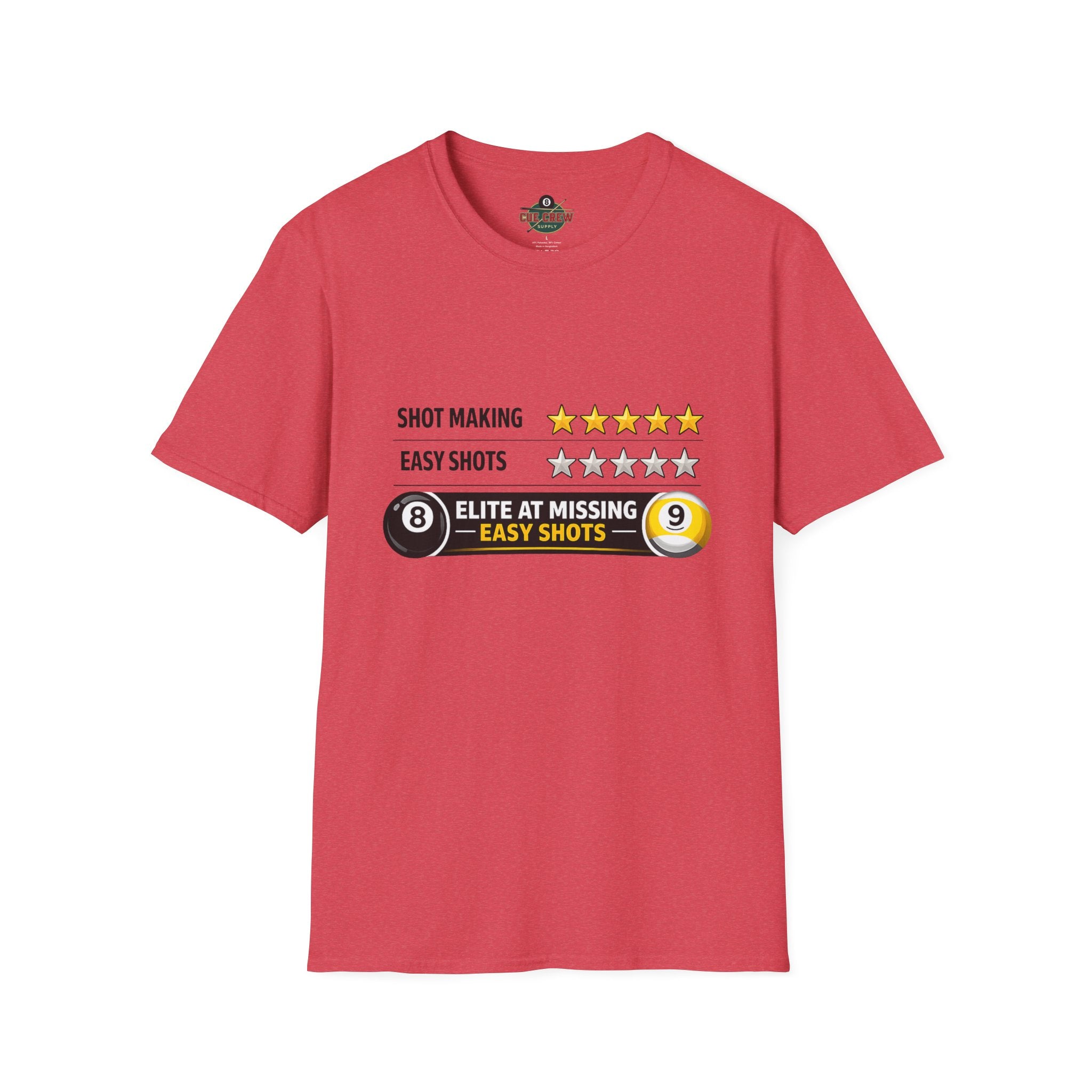 Elite At Missing Easy Shots Funny Billiards T-Shirt | 8 Ball & 9 Ball Graphic Unisex Tee | Front Print Only