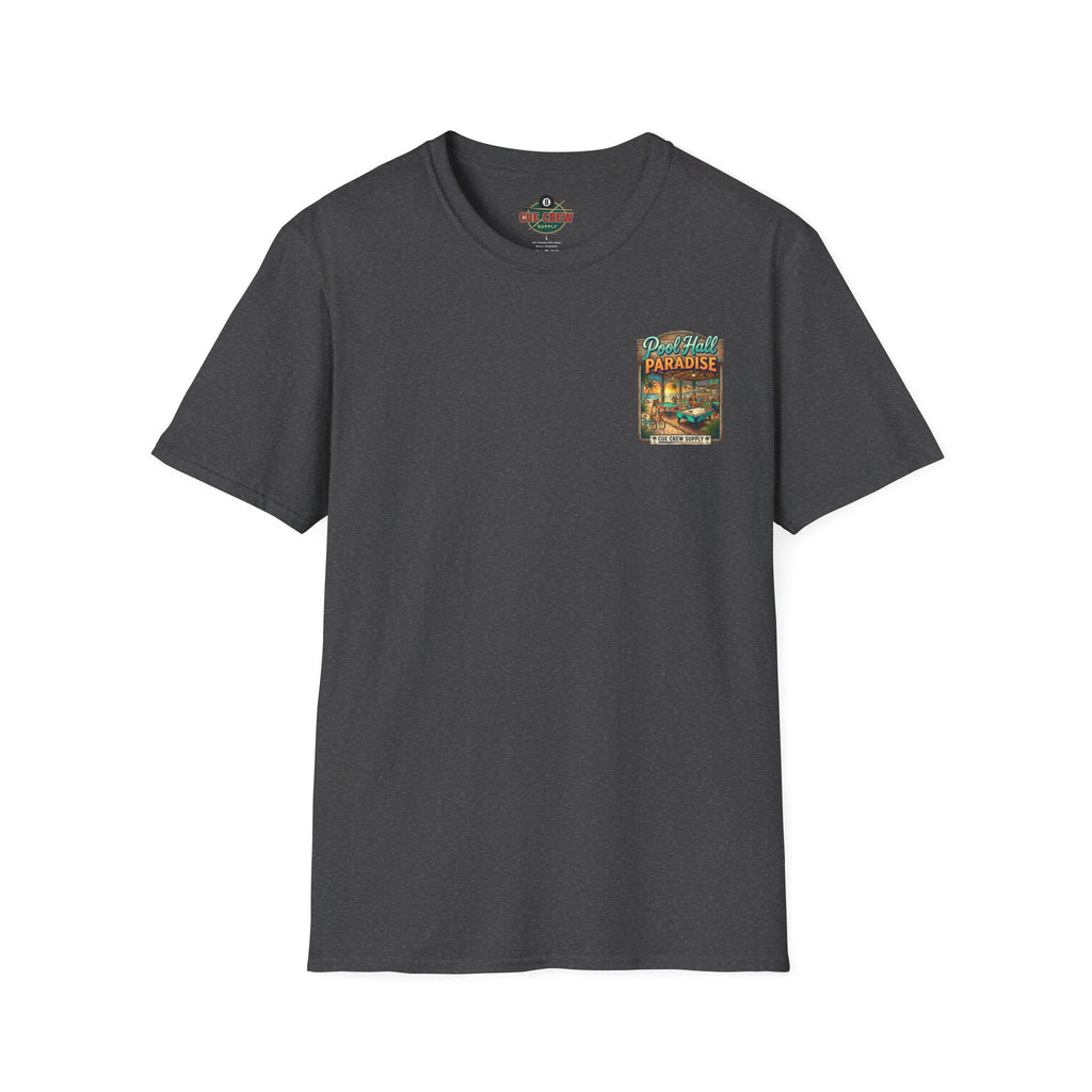 Pool Hall Paradise Tropical Billiards T-Shirt | Beach Bar Pool Player Graphic Tee | Front & Back Print