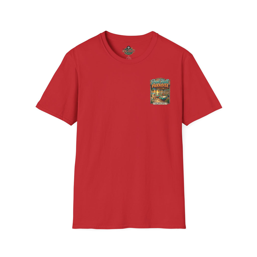 Pool Hall Paradise Tropical Billiards T-Shirt | Beach Bar Pool Player Graphic Tee | Front & Back Print