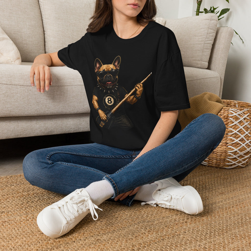 Rockin' French Bulldog Playing Cue Guitar Funny Billiards T-Shirt | Pool Dog Graphic Front Print Unisex Tee