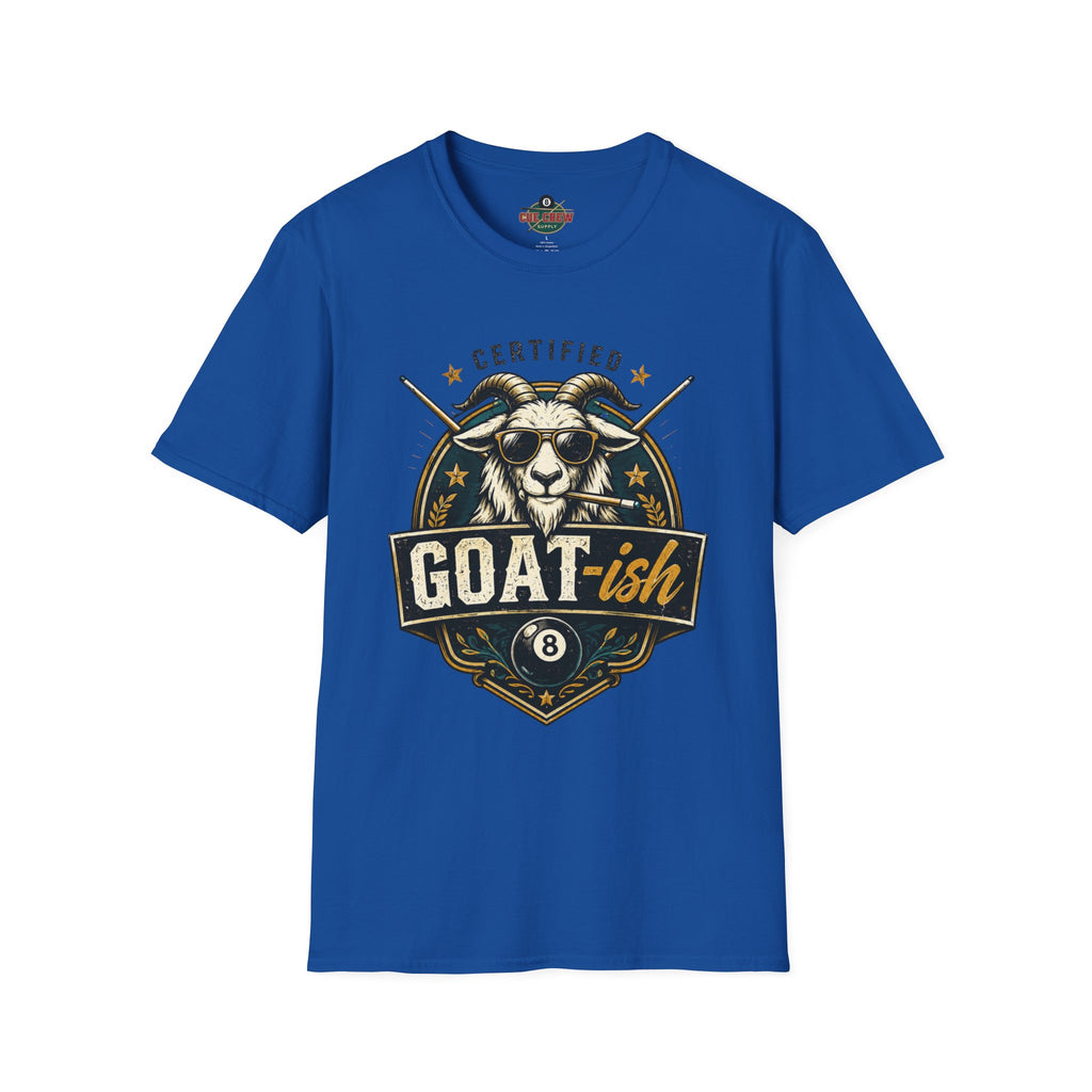 Certified GOAT-ish Funny Billiards T-Shirt | Pool Player Graphic Unisex Tee | 8 Ball Goat Design - Front Only