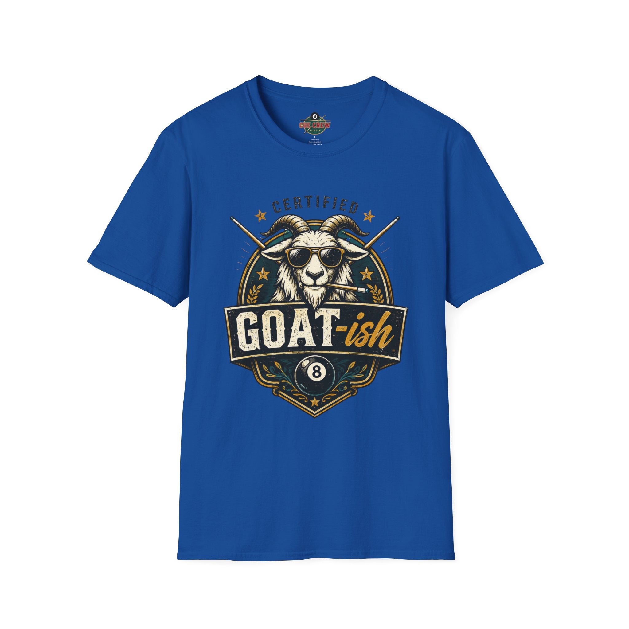 Certified GOAT-ish Funny Billiards T-Shirt | Pool Player Graphic Unisex Tee | 8 Ball Goat Design - Front Only