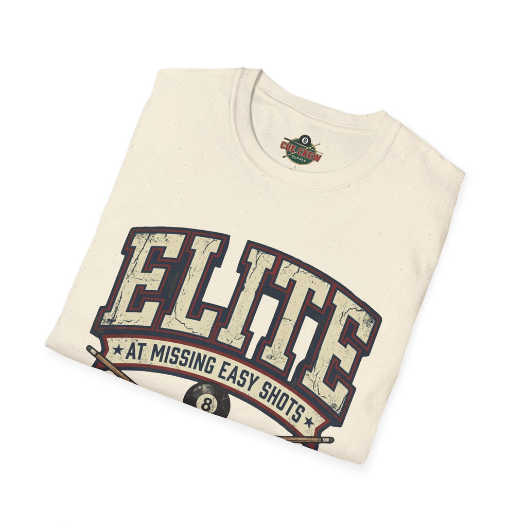 Elite at Missing Easy Shots V2 Funny Billiards T-Shirt | Vintage 8 Ball Pool Player Graphic Unisex Tee