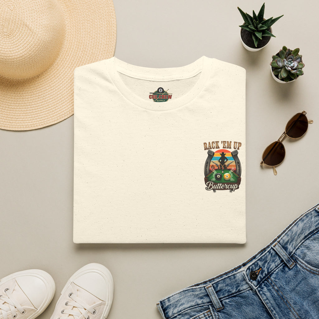 Rack 'Em Up Buttercup Funny Cowgirl Billiards T-Shirt V3| Western Pool Player Graphic Tee | Front & Back Print
