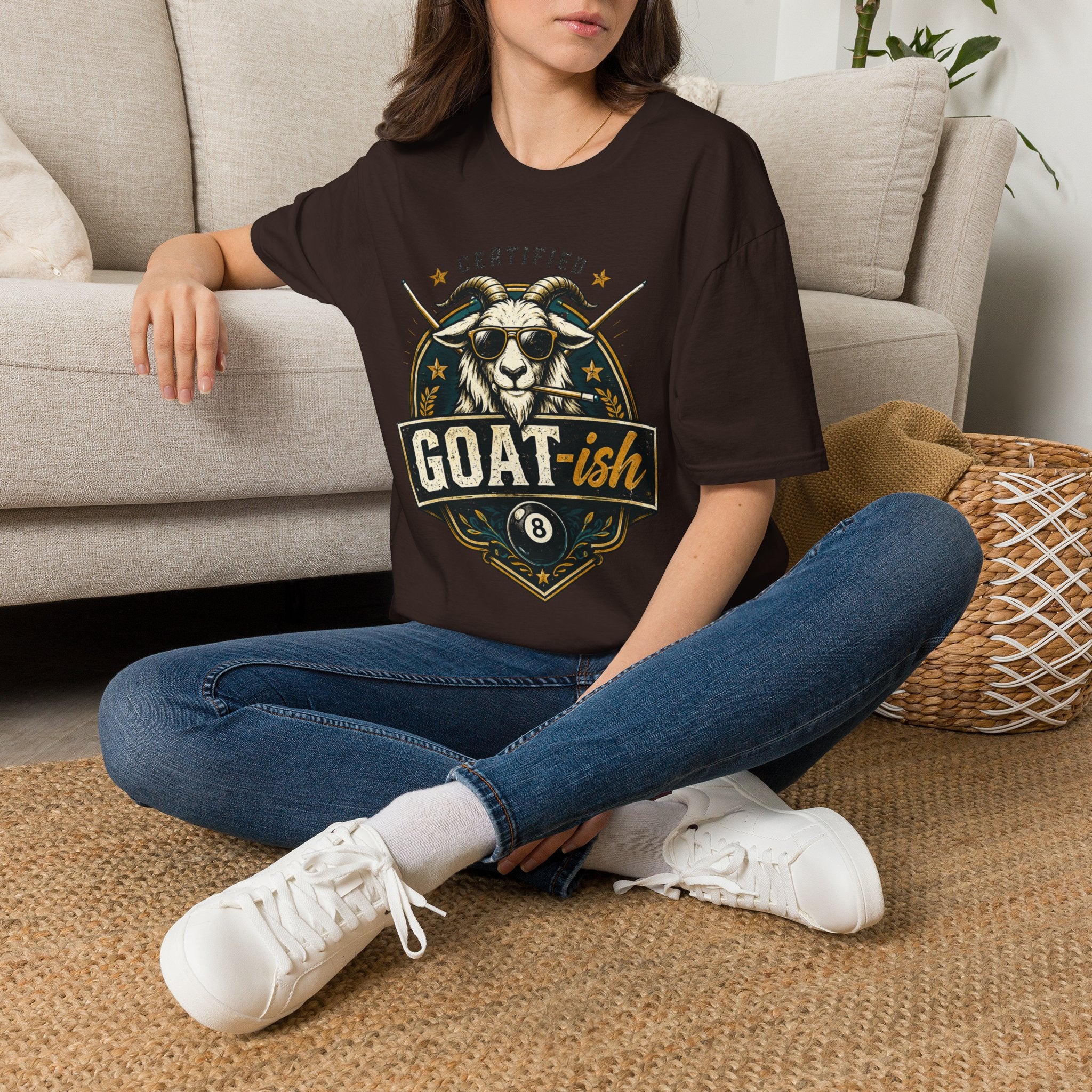 Certified GOAT-ish Funny Billiards T-Shirt | Pool Player Graphic Unisex Tee | 8 Ball Goat Design - Front Only
