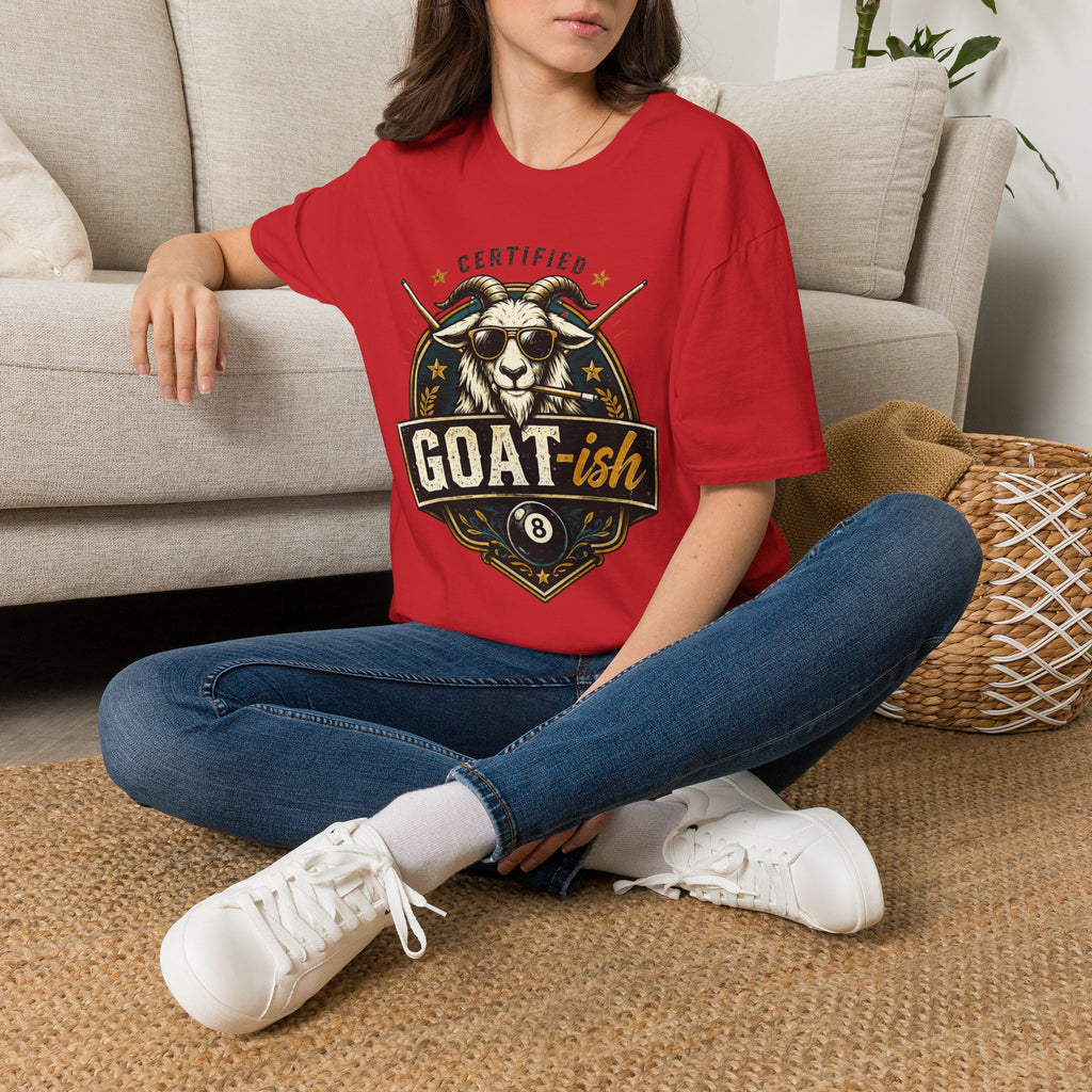 Certified GOAT-ish Funny Billiards T-Shirt | Pool Player Graphic Unisex Tee | 8 Ball Goat Design - Front Only