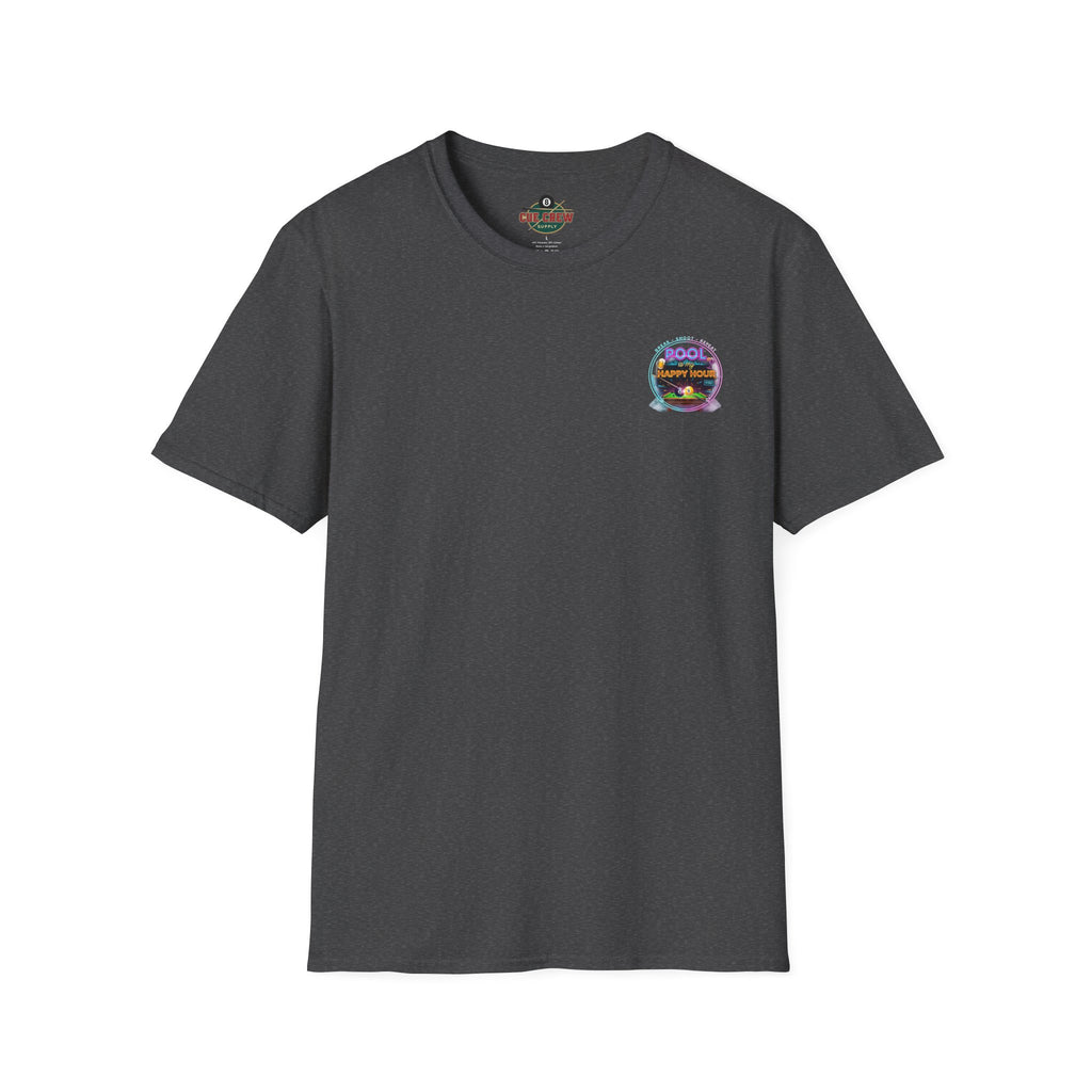 Pool Is My Happy Hour Funny Billiards T-Shirt | Neon Pool Hall Graphic Tee | Front & Back Print