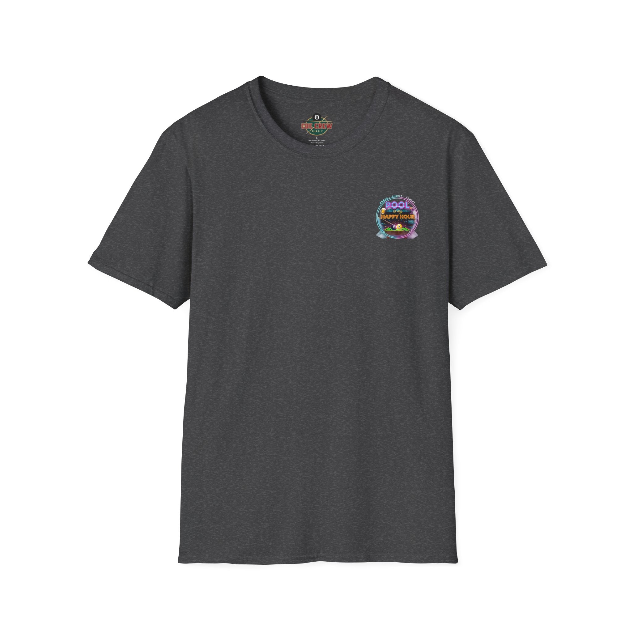 Pool Is My Happy Hour Funny Billiards T-Shirt | Neon Pool Hall Graphic Tee | Front & Back Print