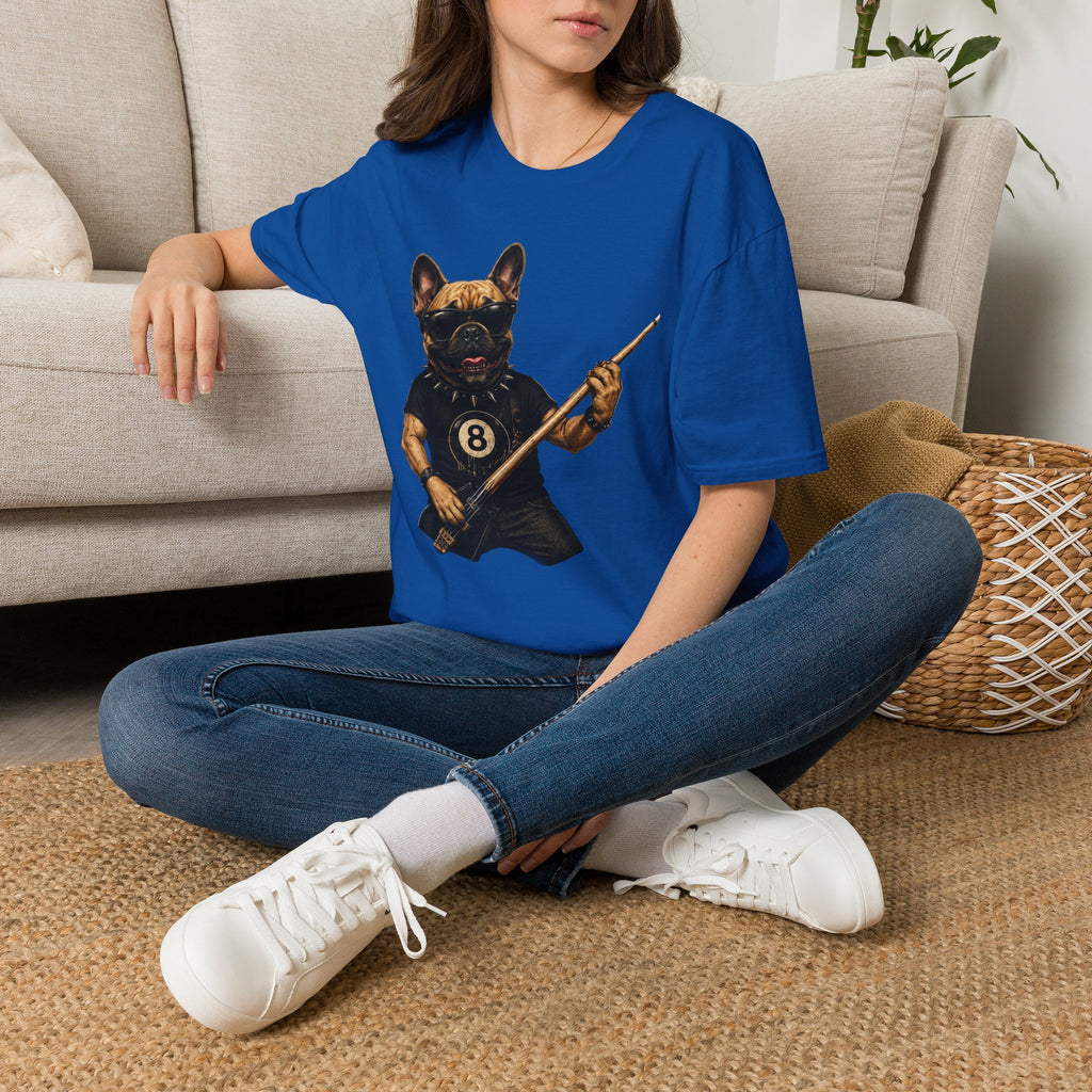 Rockin' French Bulldog Playing Cue Guitar Funny Billiards T-Shirt | Pool Dog Graphic Front Print Unisex Tee