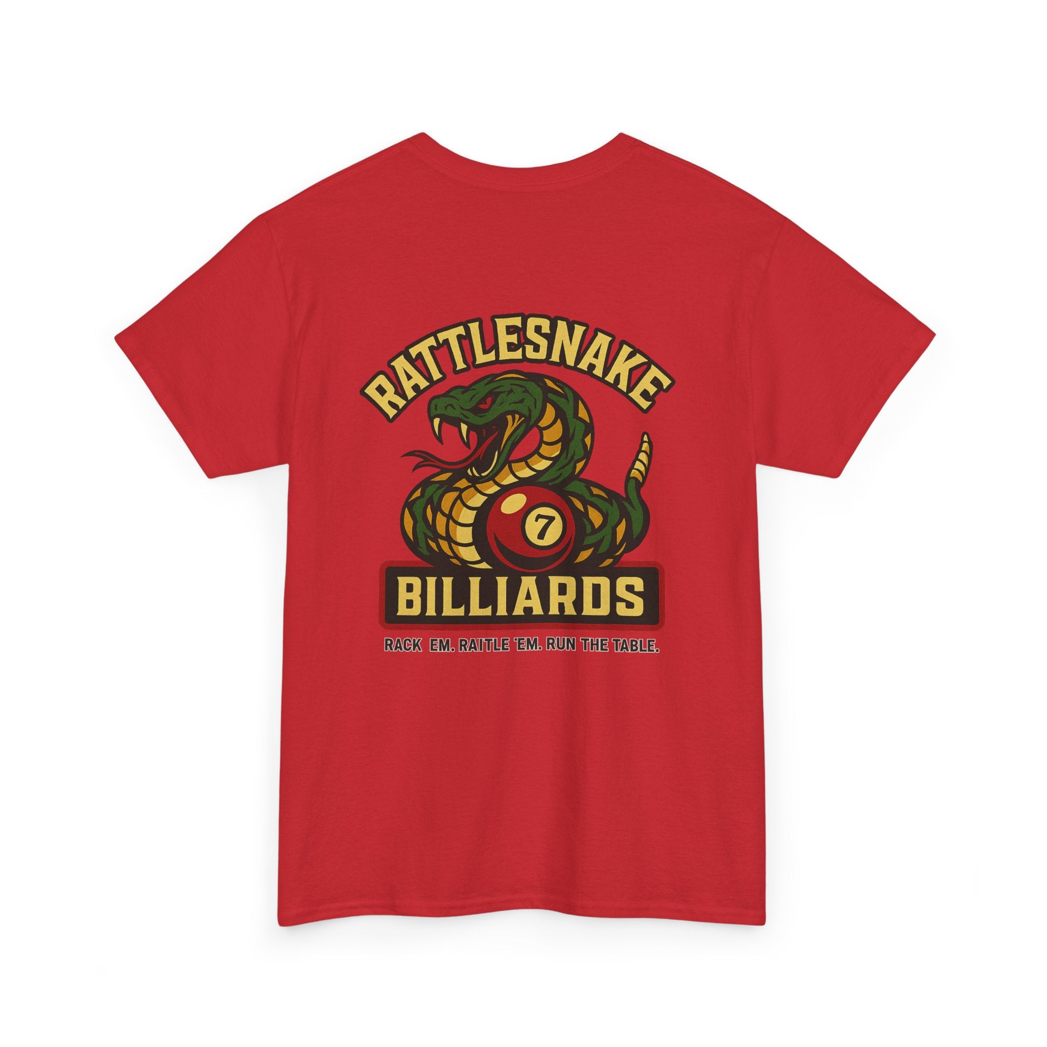 Rattlesnake Billiards - Rack 'Em, Rattle 'Em, Run The Table - Strike Hard, Play Bold Tee
