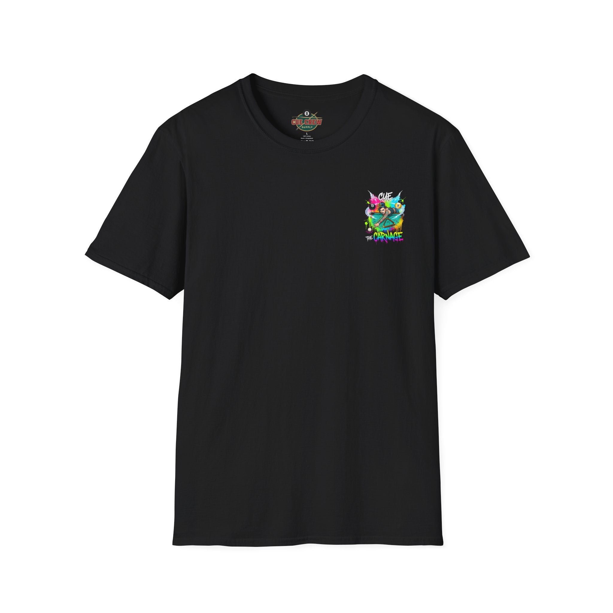 Cue the Carnage Funny Billiards T-Shirt – Tattooed Pool Shark Graphic Tee | Front & Back Print