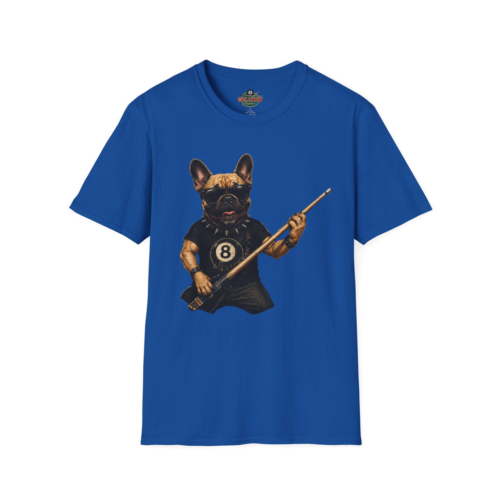 Rockin' French Bulldog Playing Cue Guitar Funny Billiards T-Shirt | Pool Dog Graphic Front Print Unisex Tee