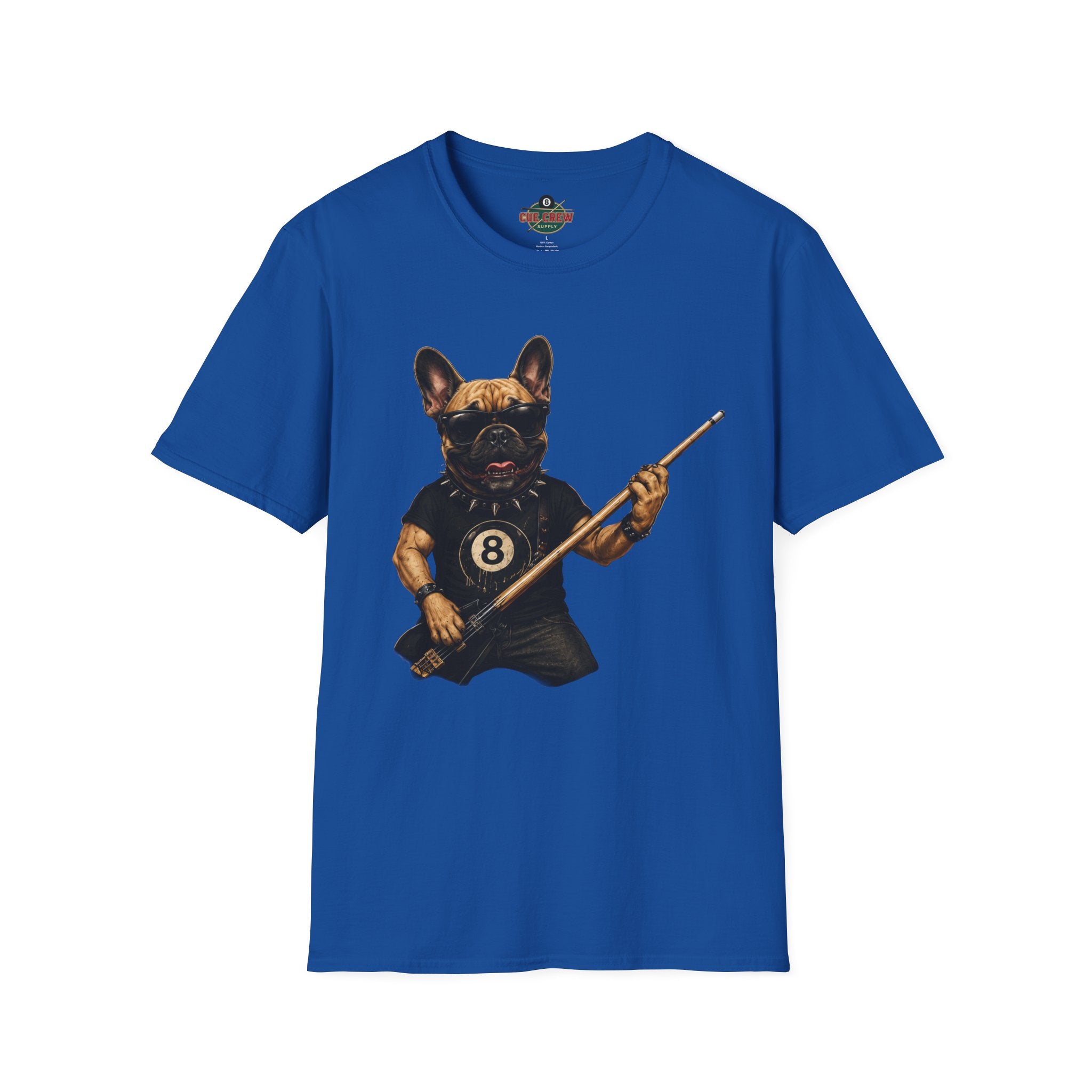 Rockin' French Bulldog Playing Cue Guitar Funny Billiards T-Shirt | Pool Dog Graphic Front Print Unisex Tee