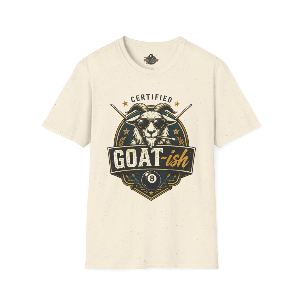 Certified GOAT-ish Funny Billiards T-Shirt | Pool Player Graphic Unisex Tee | 8 Ball Goat Design - Front Only