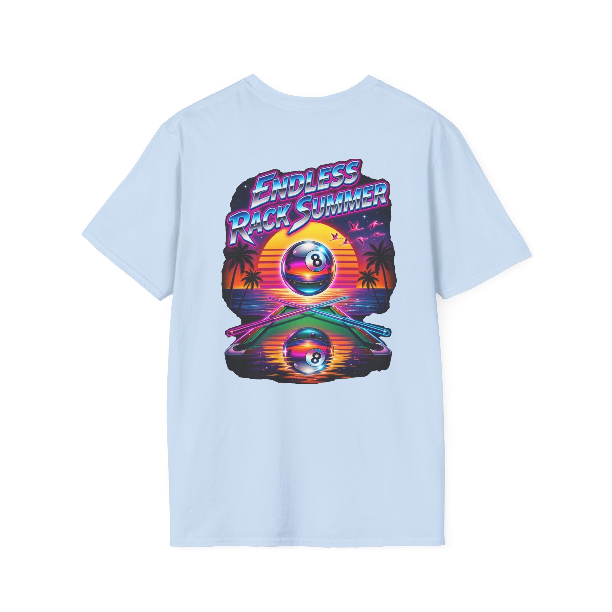 Endless Rack Summer Retro Sunset Billiards T-Shirt | Tropical 8 Ball Pool Player Graphic Tee | Front & Back Print