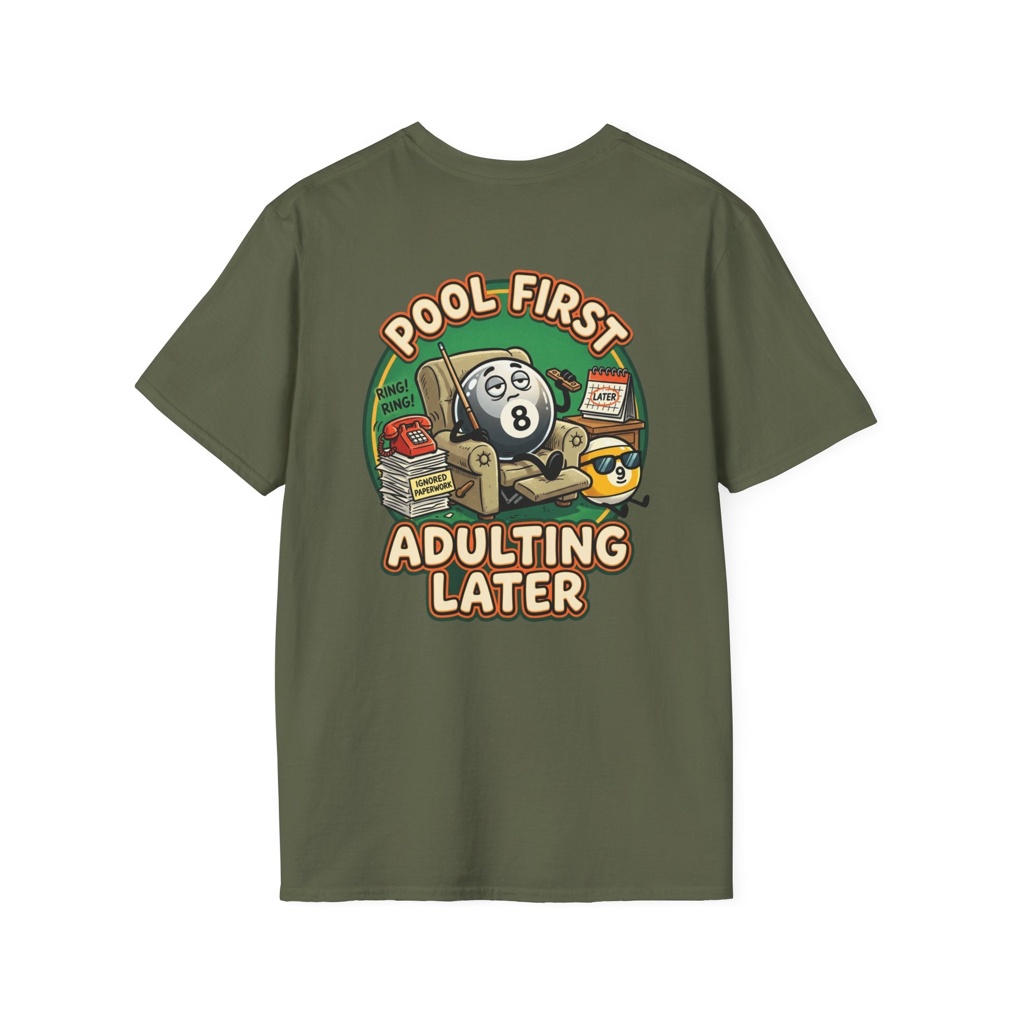 Pool First, Adulting Later Billiards T-Shirt | Funny Pool Player Graphic Tee | Front & Back Print