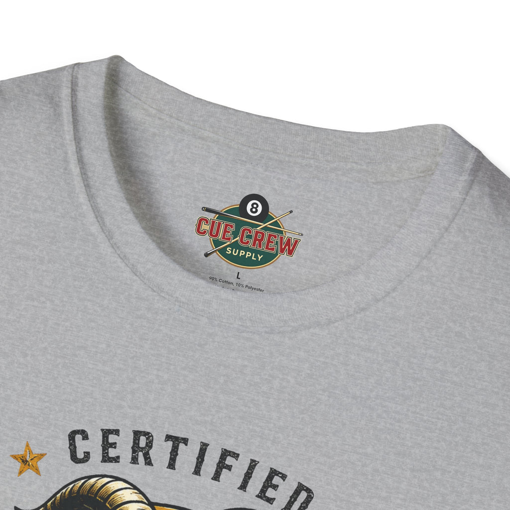 Certified GOAT-ish Funny Billiards T-Shirt | Pool Player Graphic Unisex Tee | 8 Ball Goat Design - Front Only