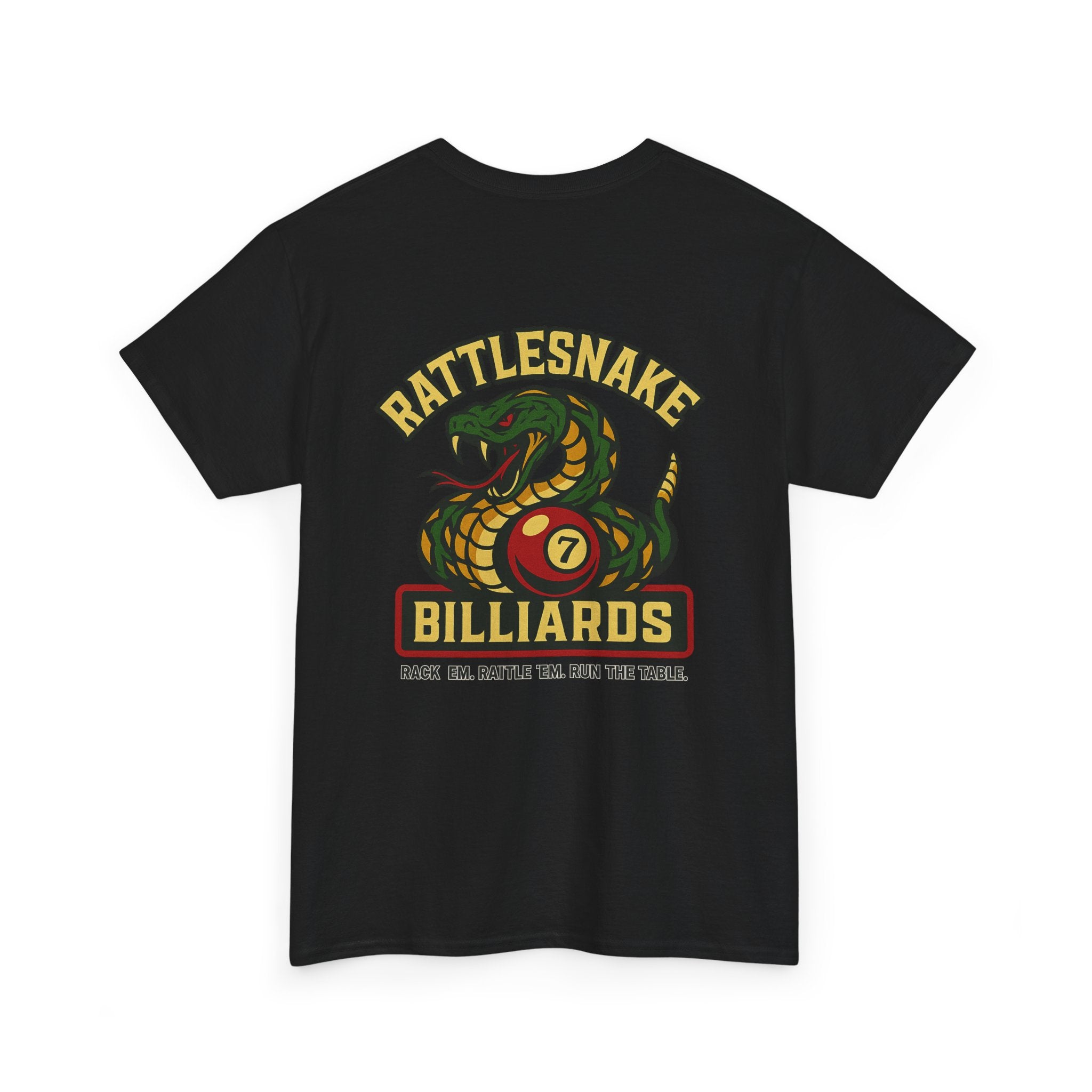 Rattlesnake Billiards - Rack 'Em, Rattle 'Em, Run The Table - Strike Hard, Play Bold Tee