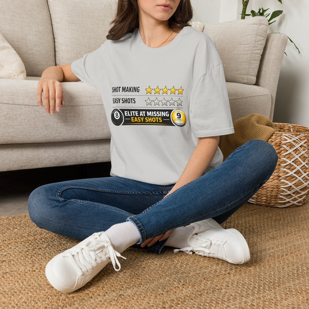 Elite At Missing Easy Shots Funny Billiards T-Shirt | 8 Ball & 9 Ball Graphic Unisex Tee | Front Print Only