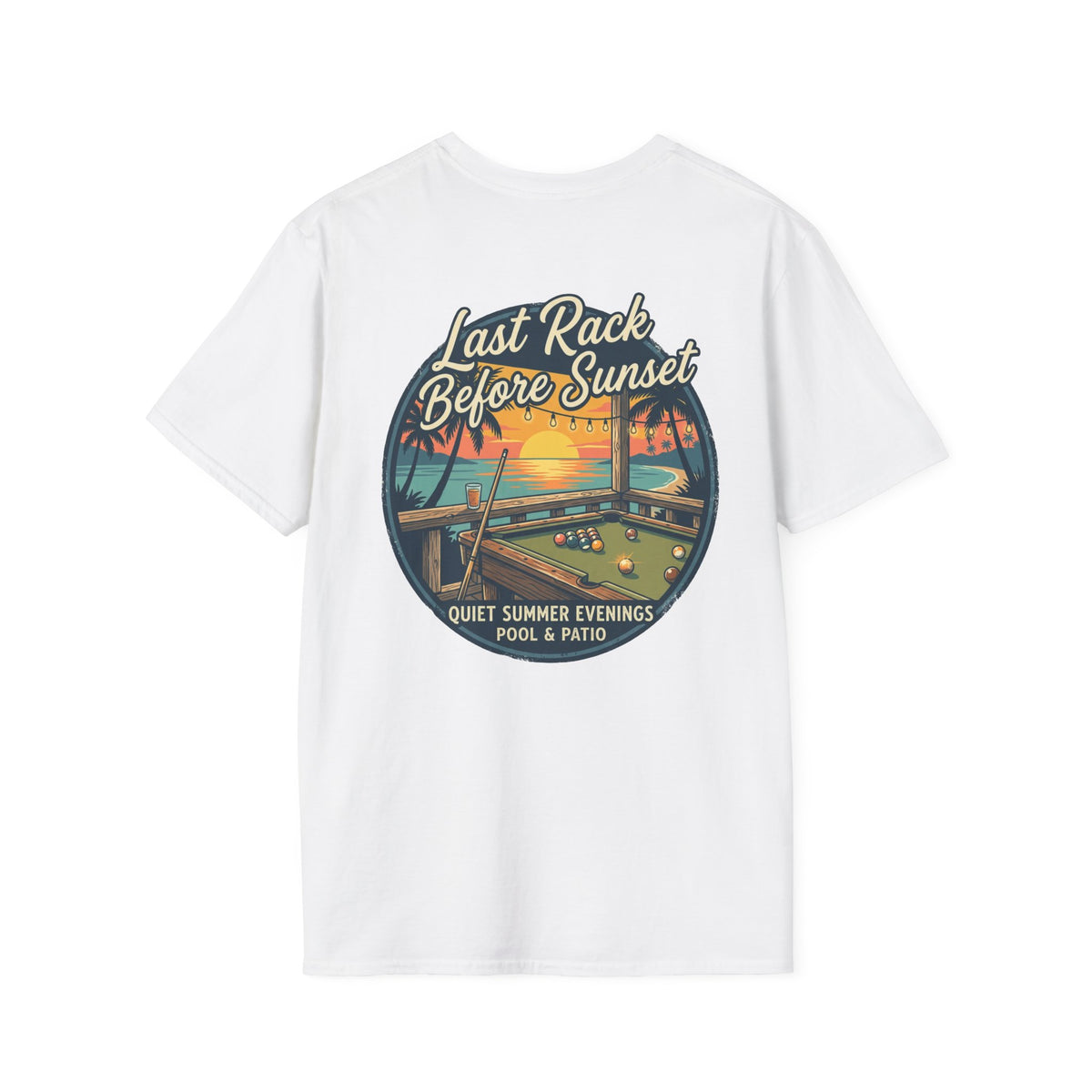 Last Rack Before Sunset Billiards T-Shirt | Tropical Pool Hall Sunset Graphic Tee | Beach Vibes Pool Player Shirt