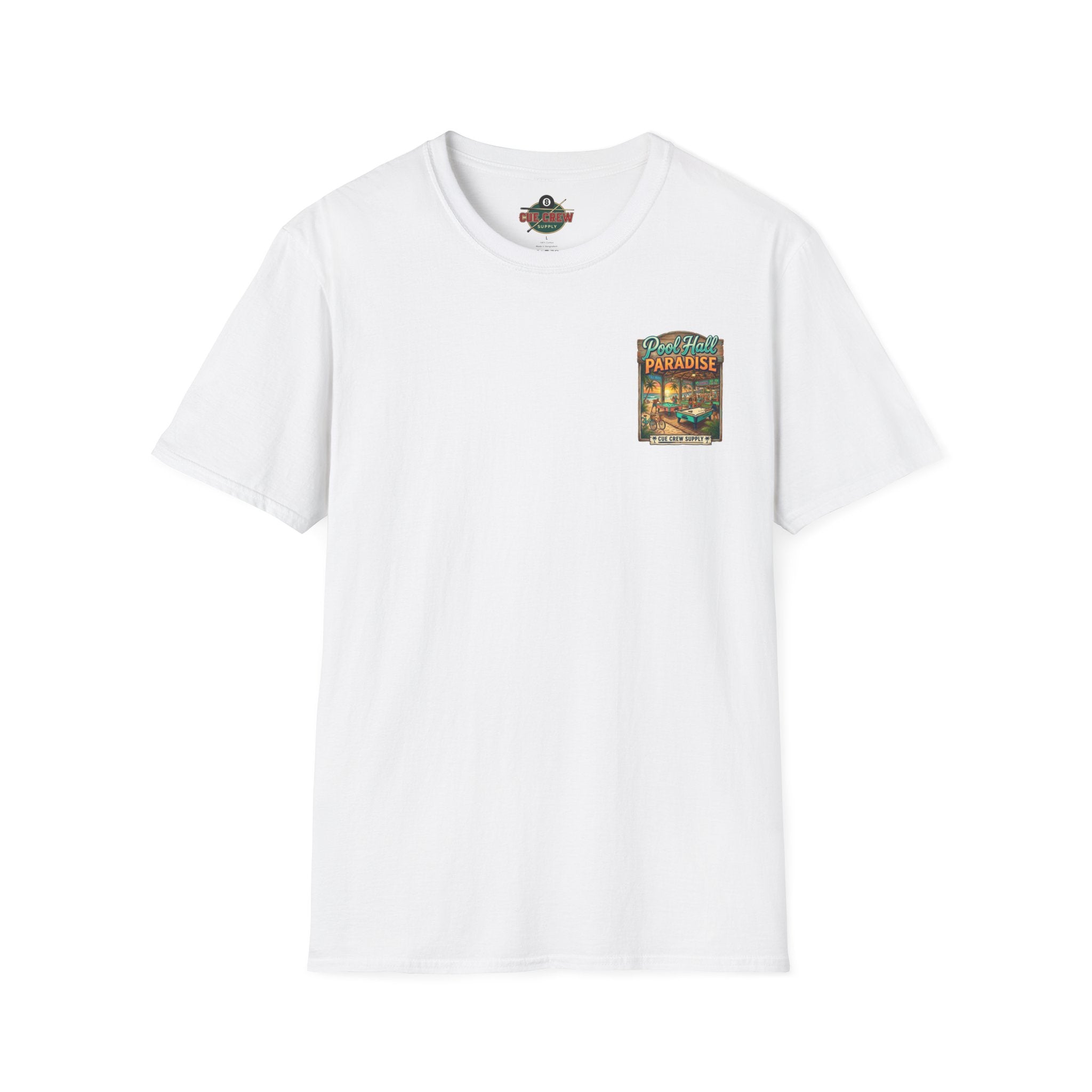 Pool Hall Paradise Tropical Billiards T-Shirt | Beach Bar Pool Player Graphic Tee | Front & Back Print