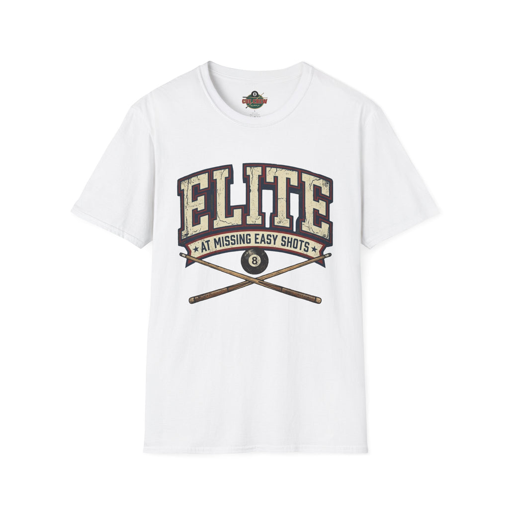 Elite at Missing Easy Shots V2 Funny Billiards T-Shirt | Vintage 8 Ball Pool Player Graphic Unisex Tee