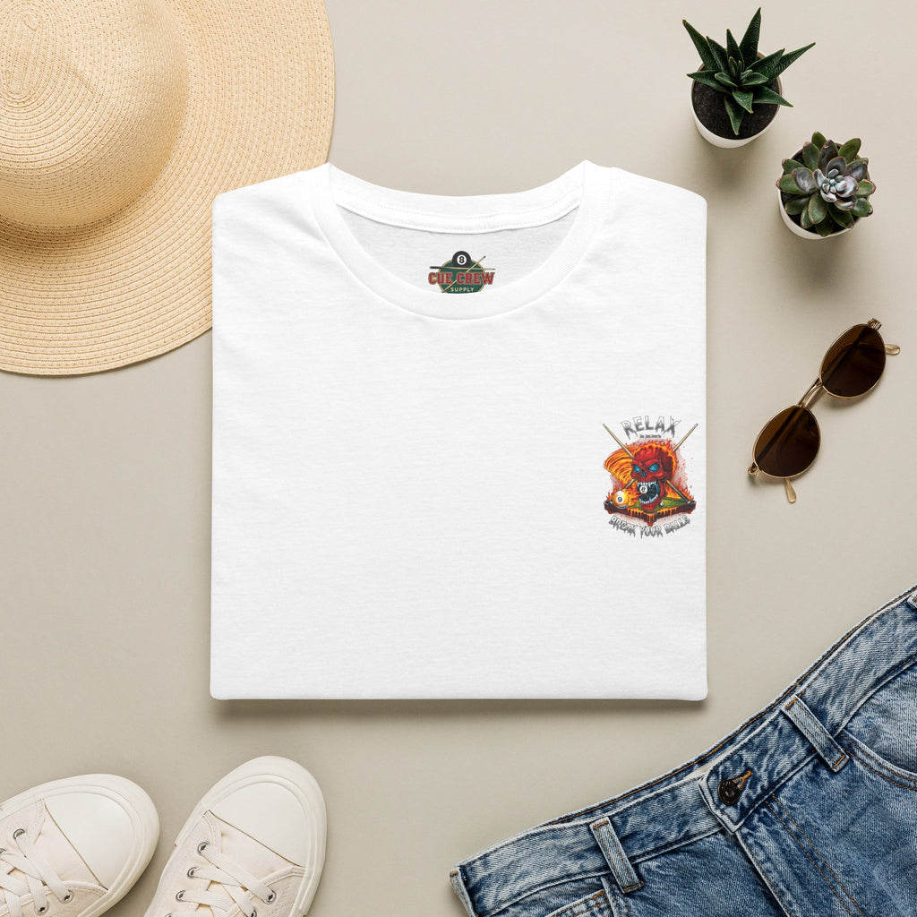 Relax... I'm Just Here to Break Your Balls Funny Billiards T-Shirt | Flaming Skull Pool Player Graphic Tee | Front & Back Print