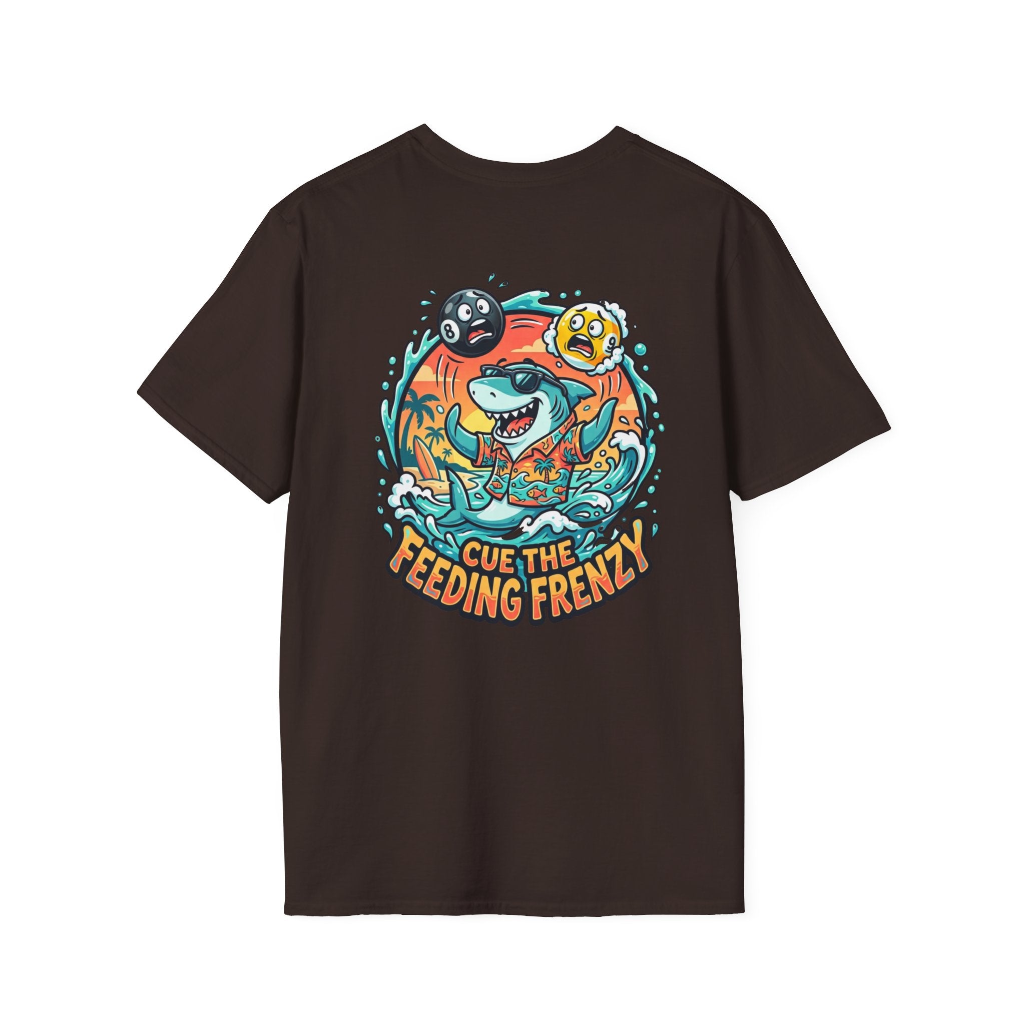 Cue the Feeding Frenzy Shark Billiards T-Shirt | Tropical Pool Player Graphic Tee | Front & Back Print
