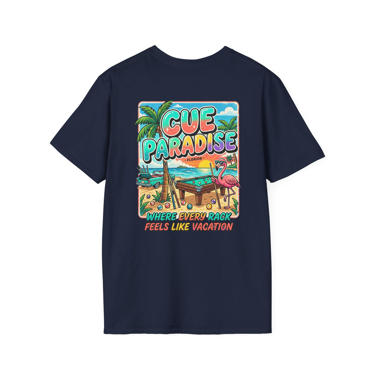 Cue Paradise Florida Billiards T-Shirt | Tropical Pool Player Beach Graphic Tee | Front & Back Print