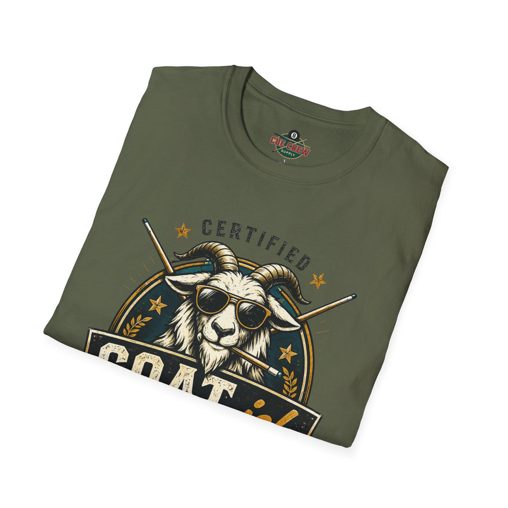 Certified GOAT-ish Funny Billiards T-Shirt | Pool Player Graphic Unisex Tee | 8 Ball Goat Design - Front Only
