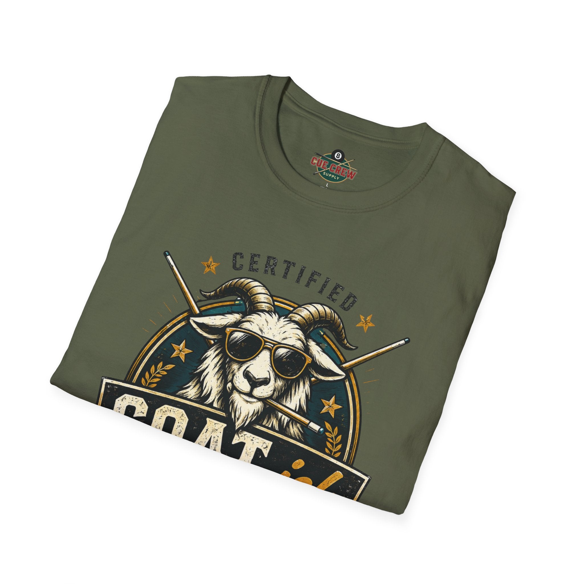 Certified GOAT-ish Funny Billiards T-Shirt | Pool Player Graphic Unisex Tee | 8 Ball Goat Design - Front Only
