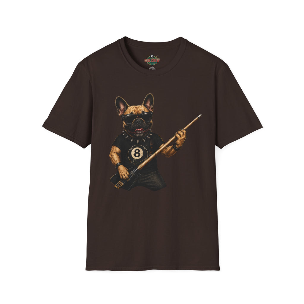 Rockin' French Bulldog Playing Cue Guitar Funny Billiards T-Shirt | Pool Dog Graphic Front Print Unisex Tee