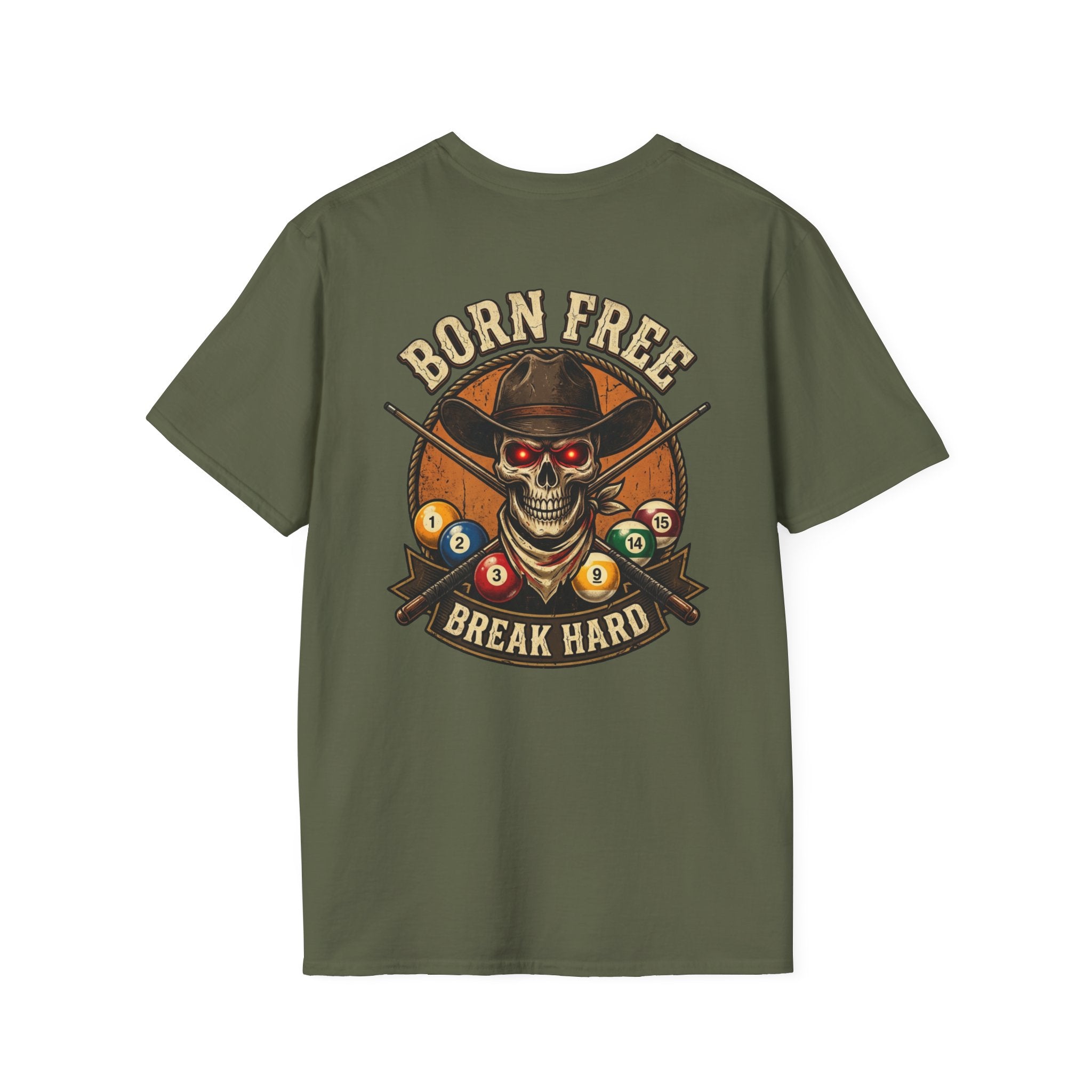 Born Free Break Hard Cowboy Skull Billiards T-Shirt | Western Pool Player Graphic Tee | Front & Back Print