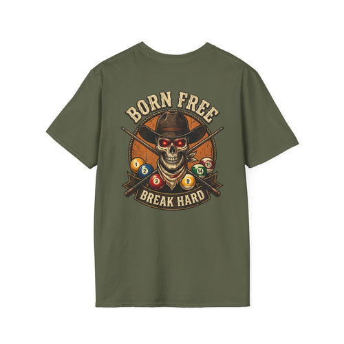 Born Free Break Hard Cowboy Skull Billiards T-Shirt | Western Pool Player Graphic Tee | Front & Back Print
