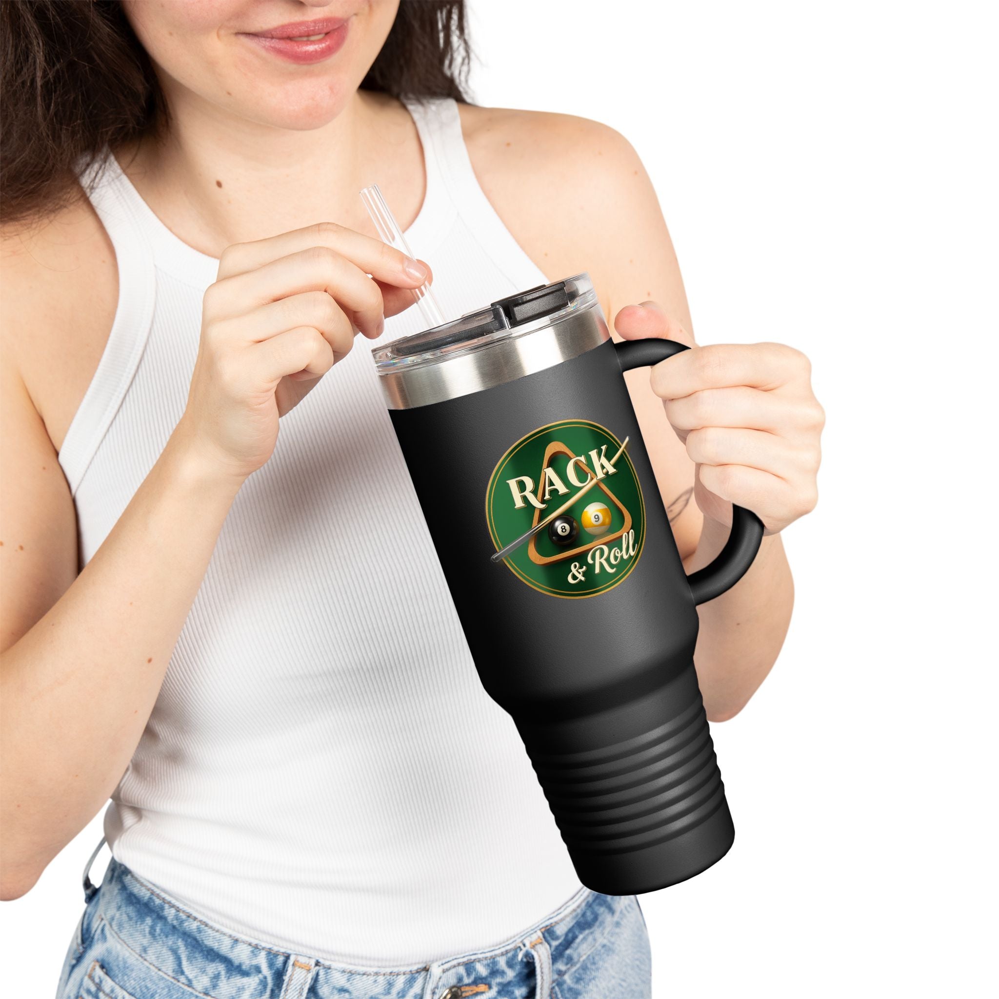 Rack & Roll Billiards Pool Cue Logo 40oz Insulated Travel Mug