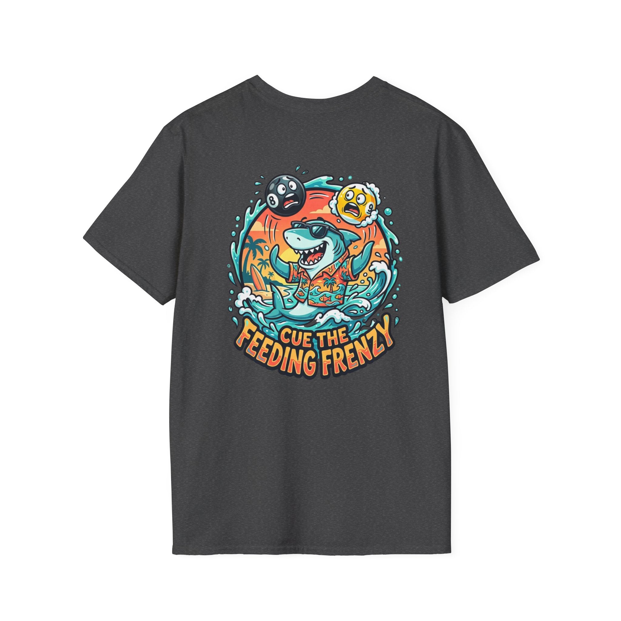 Cue the Feeding Frenzy Shark Billiards T-Shirt | Tropical Pool Player Graphic Tee | Front & Back Print