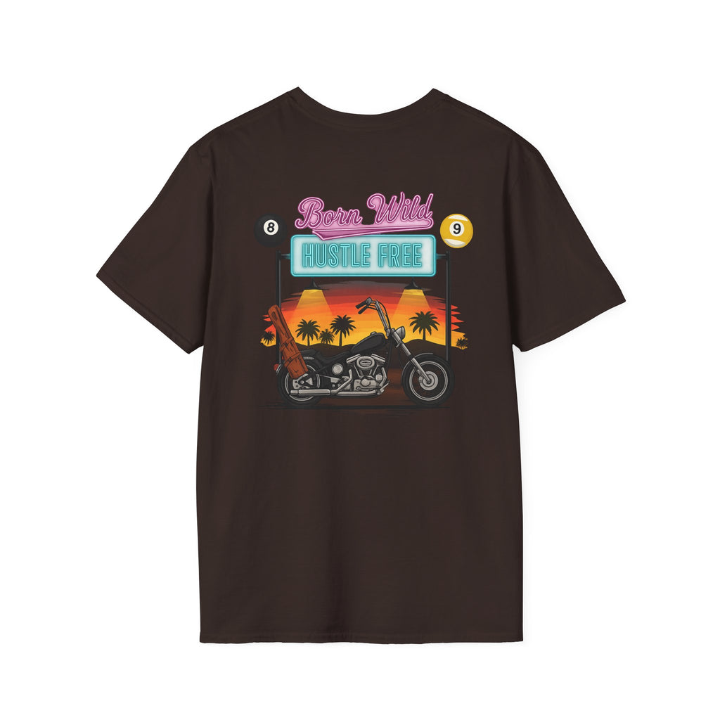 Born Wild, Hustle Free Biker Billiards T-Shirt – Funny Pool Player Motorcycle Graphic Tee | Front & Back Print