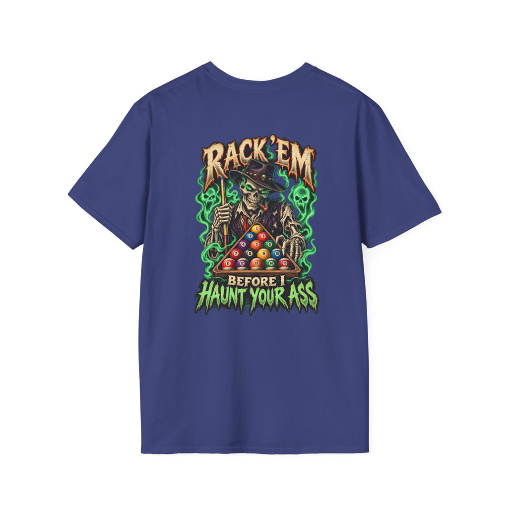 Rack ’Em Before I Haunt Your Ass – Halloween Billiards T-Shirt – Skeleton Pool Player Tee