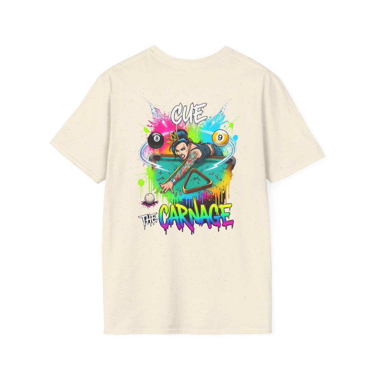 Cue the Carnage Funny Billiards T-Shirt – Tattooed Pool Shark Graphic Tee | Front & Back Print