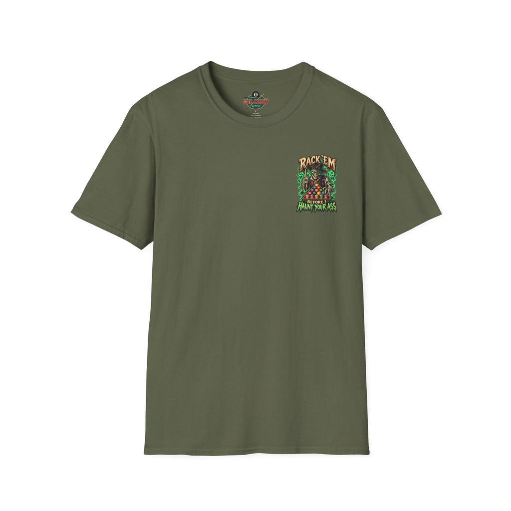 Rack ’Em Before I Haunt Your Ass – Halloween Billiards T-Shirt – Skeleton Pool Player Tee