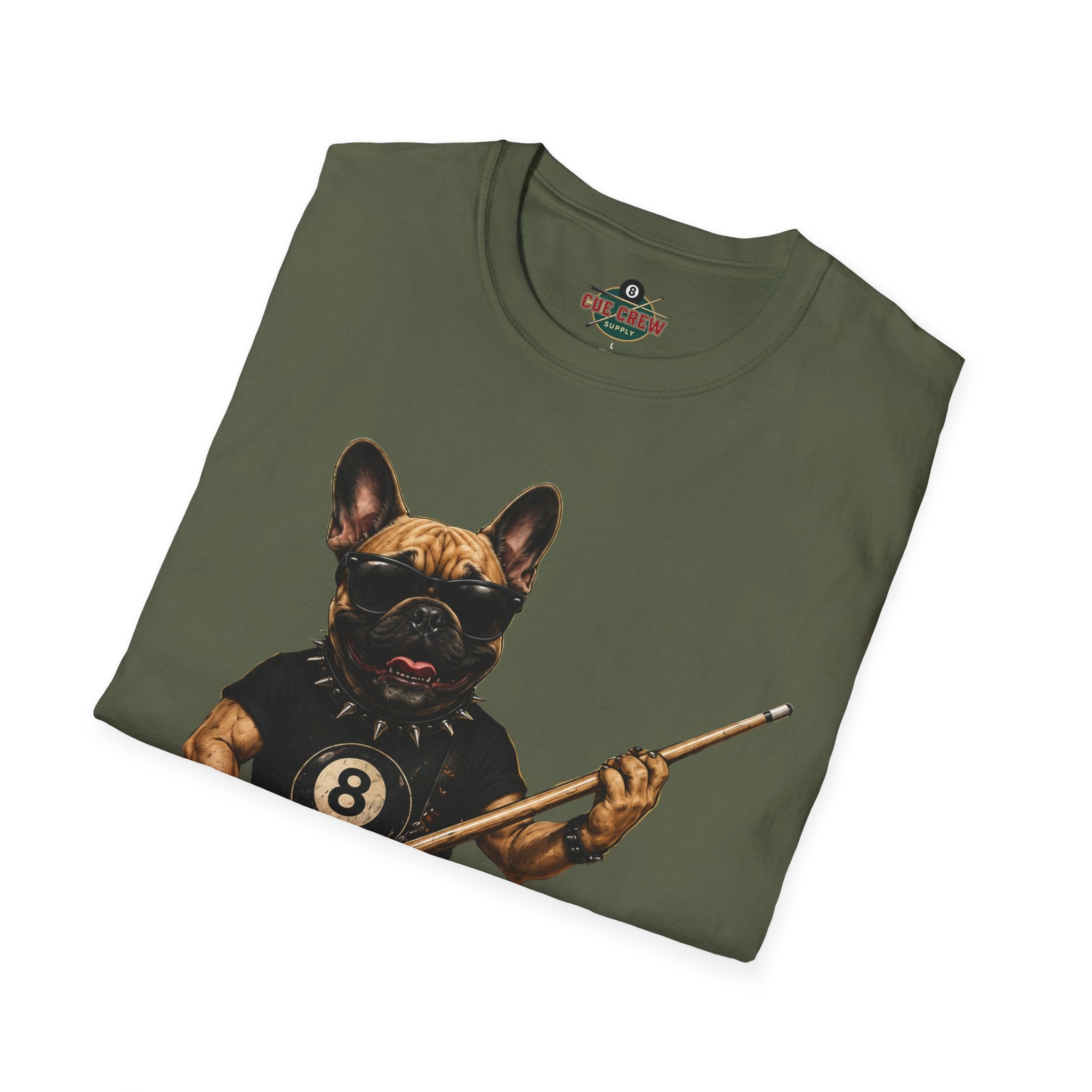 Rockin' French Bulldog Playing Cue Guitar Funny Billiards T-Shirt | Pool Dog Graphic Front Print Unisex Tee
